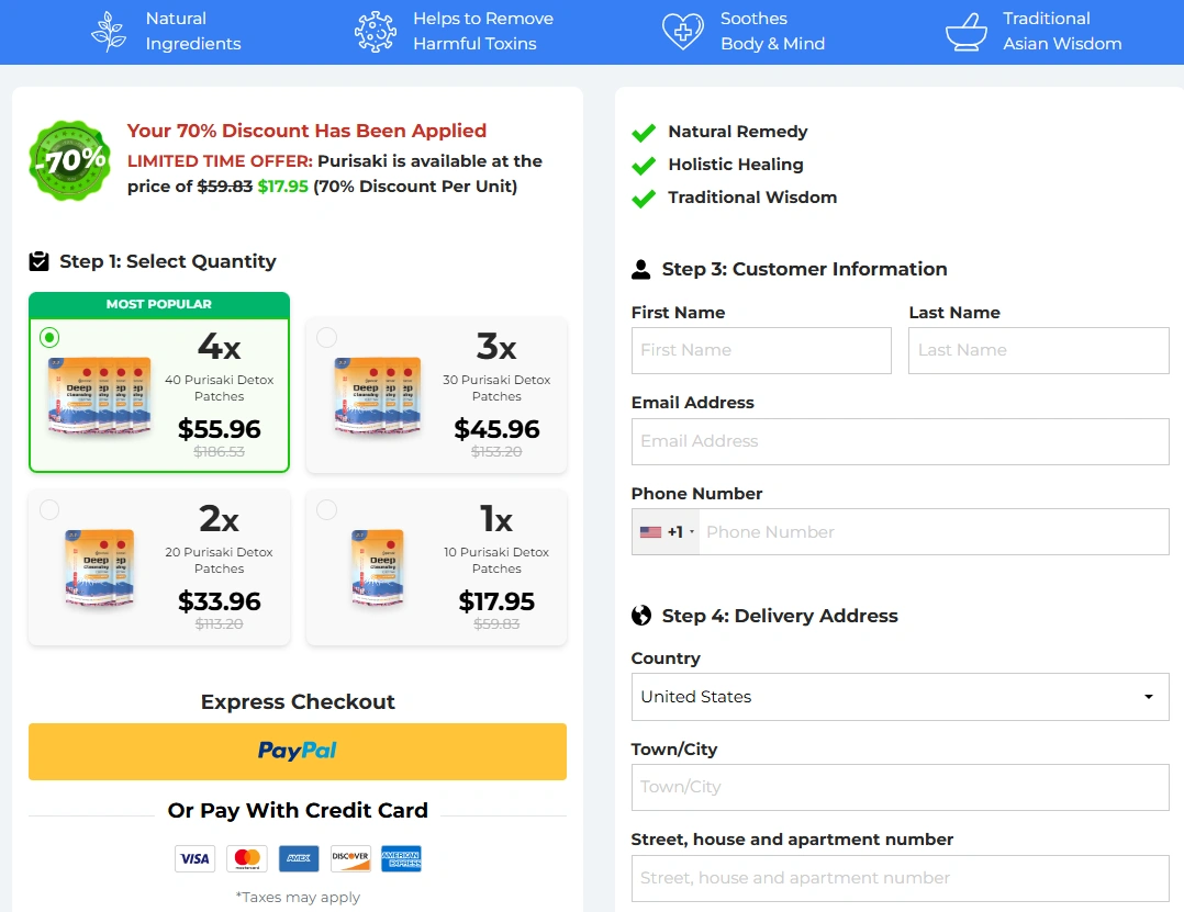 Purisaki Secure Checkout — Buy 2-in-1 Detox Foot Pads Online USA